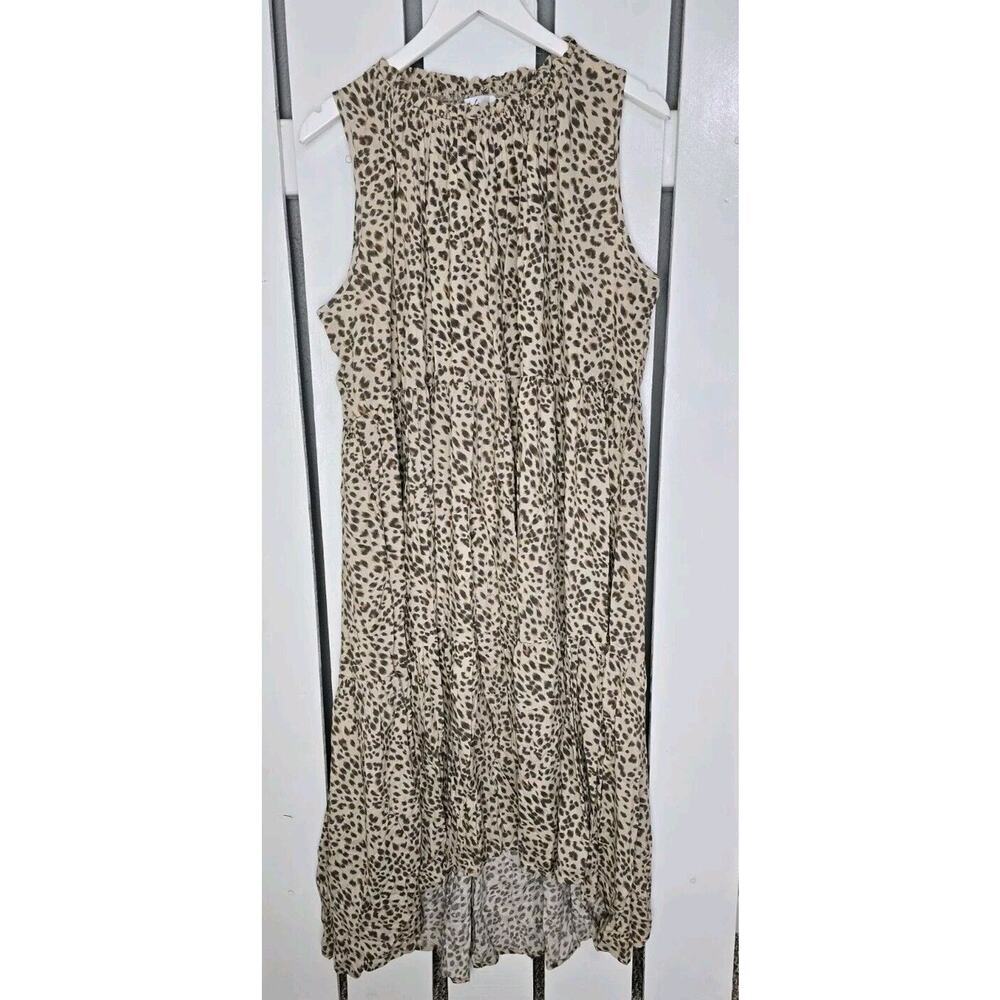 Petal + Pup Sleeveless Tiered Midi Tan Brown Cheetah High Low Flowy Dress‎ M/L